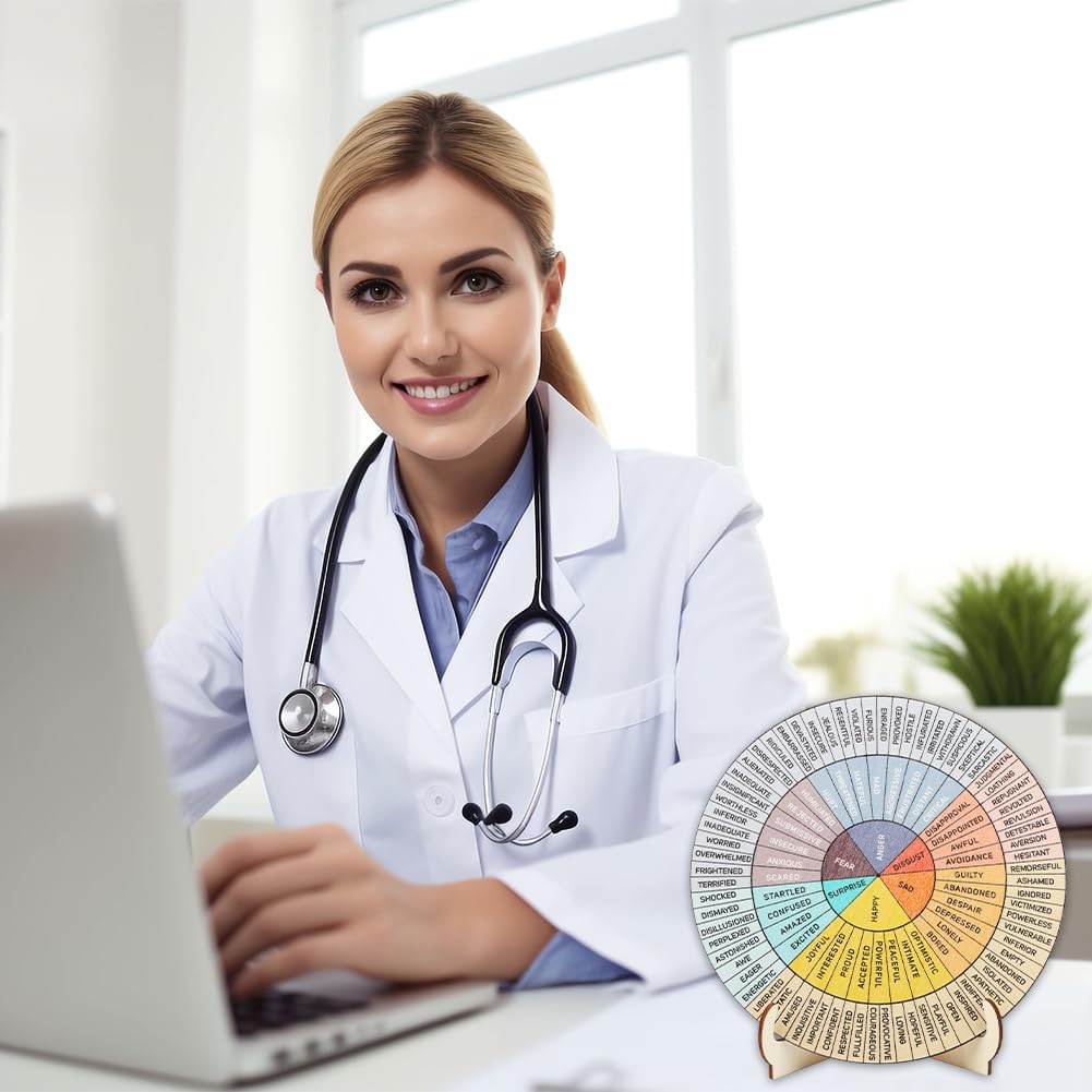 HONUTIGE Feelings Wheel Double Sided Mental Health Emotions Chart, Wooden Mood Wheel Display Plat with Stand Office Decor Therapist Gift for Kid School Counsels Social Worker Women Men - Image 6