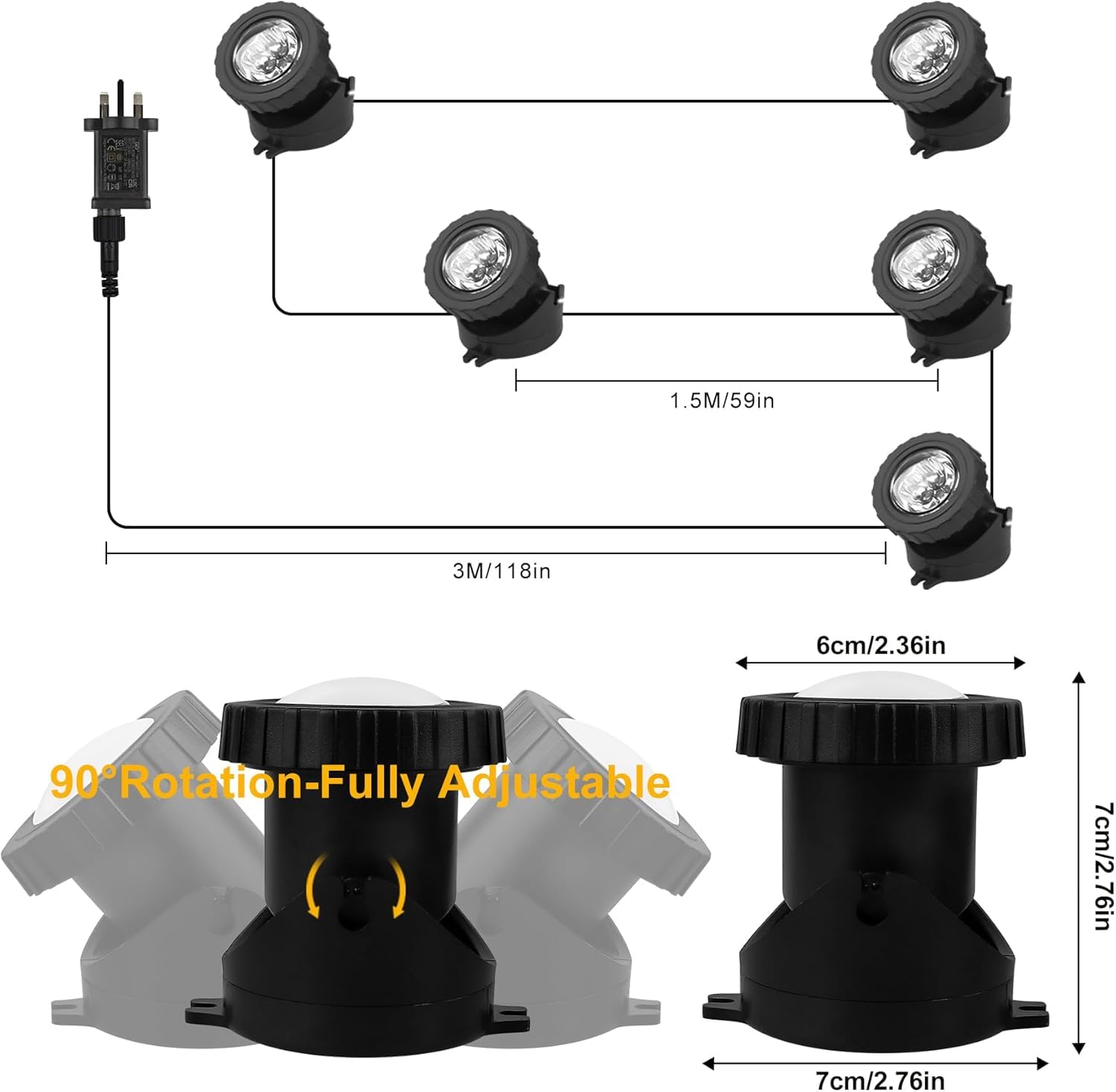 Lumières de bassin alimentées par secteur, 5 en 1 RVB sous-marin avec télécommande, IP68, multicolore, submersible, pour aquarium, jardin, cour, piscine, fontaine.
