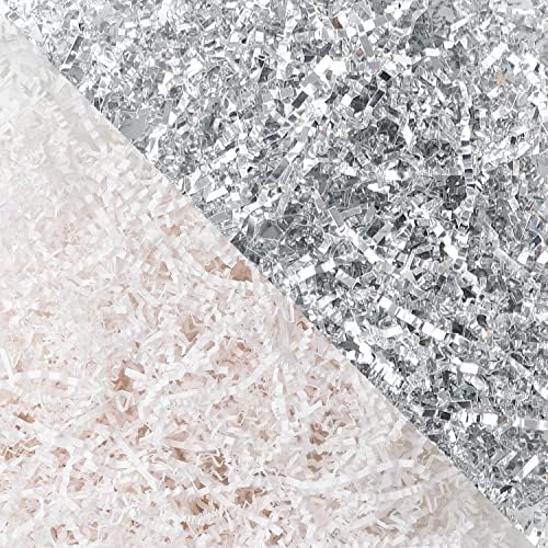 LOMIMOS 250g/8.8oz Crinkle Raffia Paper Confetti Shred,White Silvery Cut Paper Basket Filler Bedding Cushion for Gift Wrapping Craft DIY Packaging Filling Party Decoration