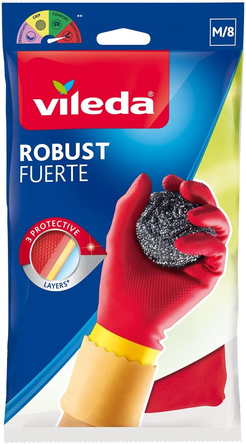 Vileda Robust (Protection) Rubber Gloves M, Reusable, Comfort Plus Lining, Latex And Neoprene, Heavy-Duty, Medium Size, Red & Yellow (1 Pair Per Pack)