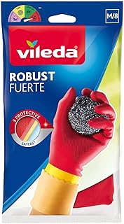 Vileda Robust (Protection) Rubber Gloves M, Reusable, Comfort Plus Lining, Latex And Neoprene, Heavy-Duty, Medium Size, Red & Yellow (1 Pair Per Pack)
