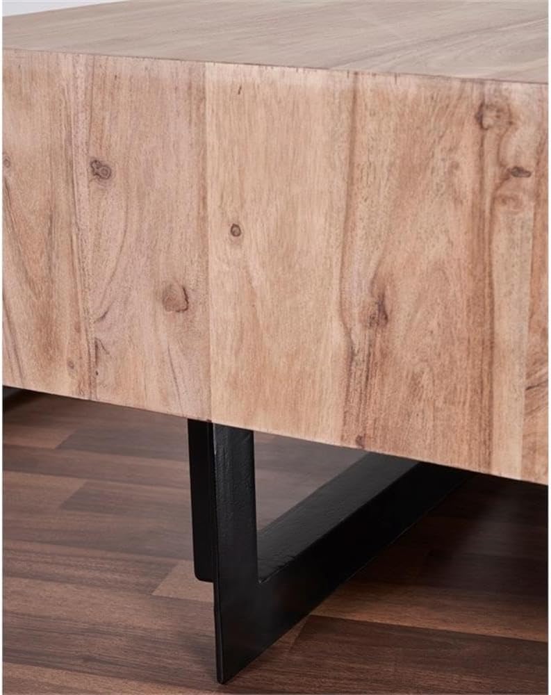 Pemberly Row Contemporary Solid Wood Coffee Table, Natural Finish, 16 in H x 42.5 in W x 33 in D, Sliding Top with Hidden Storage, Iron Base, Durable Living Room Furniture