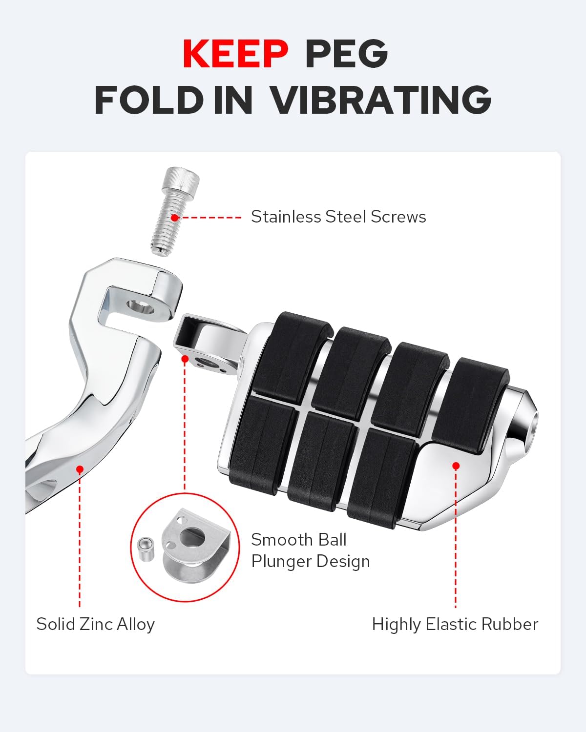 Benlari Highway Pegs,1.25" Highway Footpegs 304 Stainless Steel Adjustable Short Angled Fit for Harley Davidson Touring Street Glide Road Dyna Sportster Softail fits 1-1/4"(32mm) Engine Guard(Chrome)