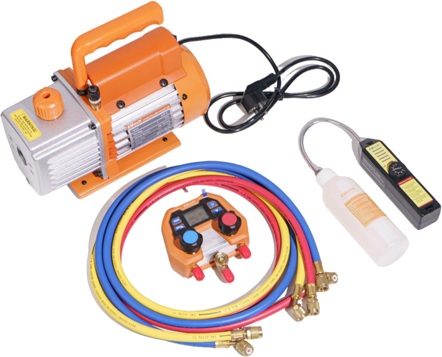 Elitech 4-in-1 HVAC Tool Kit – Includes 5CFM Vacuum Pump, Digital Manifold Gauge, Basic Freon Leak Detector (WJL-6000) & Refrigerant Hoses | Reliable AC Service Set