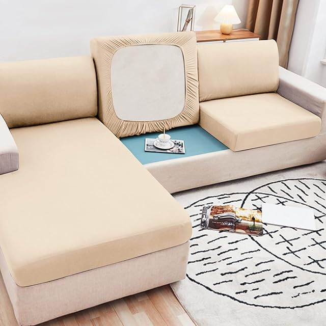 Rosnek Sofa Cushion Covers, High Stretch Sofa Seat Slipcovers, Couch Cushion Cover Universal for 3 Seater Sofa Furniture Protector Non-Slip with Elastic Bottom, Beige