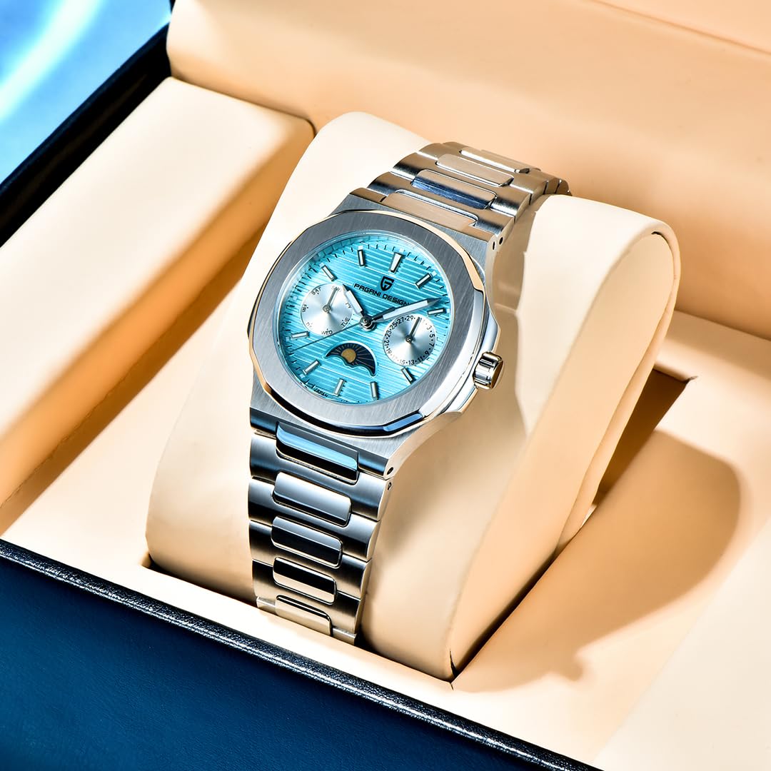 Quarz Damenuhren Luxus Edelstahl Wasserdicht Armbanduhr für Frauen Damen Armbanduhr Synthetischer Saphir Auto Datum Mondphase Wochenanzeige