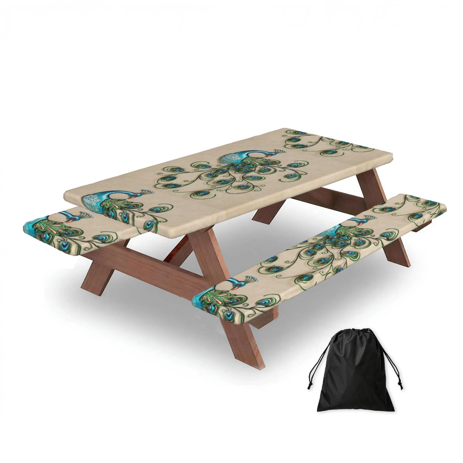 Dopklna As Picture Peacock Pattern Printed, Picnic Table Cover With Bench Covers -Waterproof Elastic Fitted Tablecloth For Garden Camping Patio 76X152cm
