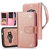 TabPow Galaxy J1 2016 Case, 10 Card Slot - [ID Slot] Wallet Folio PU Leather Cover With Detachable Magnetic Hard Case For Galaxy J1 J120 (4.5 inch)/ Amp 2 / Express 3 / Luna 2016-Glitter Rose Gold