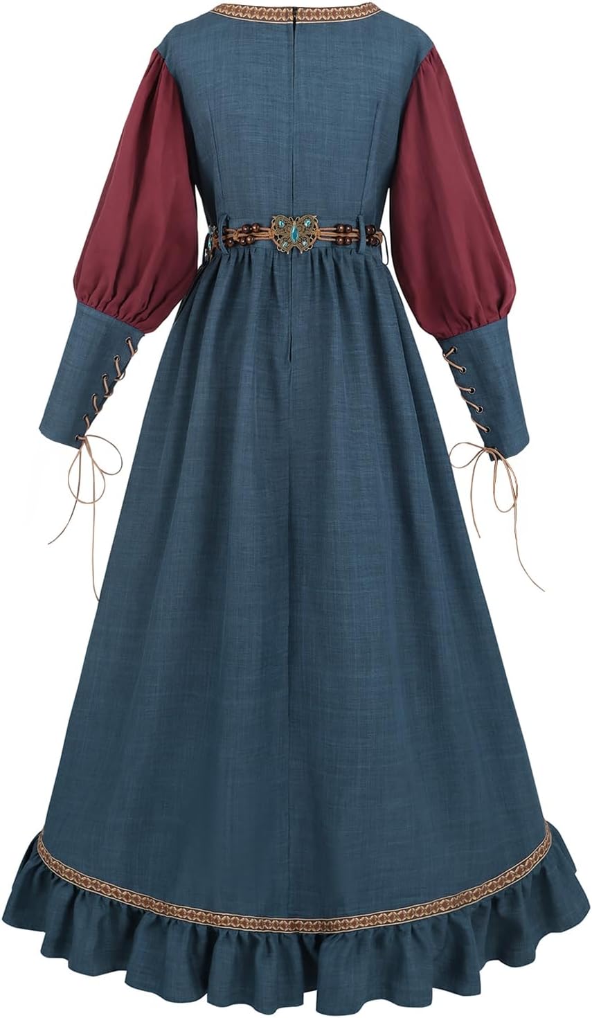 FCCAM Medieval Dress for Women Blue Long Sleeve Peasant Renaissance Costume with Vintage Belt - Image 2