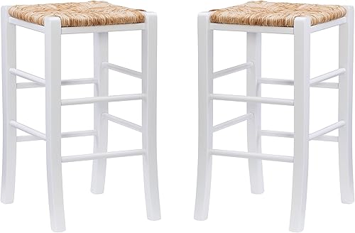 Miniatura 19 de Linon Augustus Taburete de bar sin respaldo de nogal con asiento tejido de hierba marina, juego de 2 Nuez,Natural,Blanco