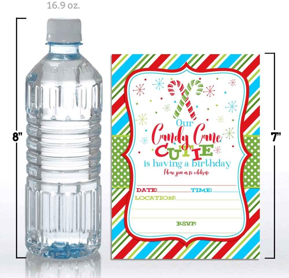 Candy Cane Cutie Christmas Birthday Party Invitations, 20 5"x7" Fill In Cards with Twenty White Envelopes by AmandaCreation