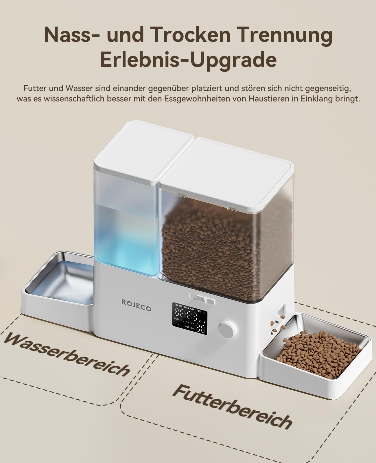 Rojeco 2-in-1 Futterautomat und Wasserspender, 5L Trockenfutter Automat für Katzen mit 3.5L Wassertank, Programmierbarer Futterspender Katze mit LED-Display, für Kleine und Mittelgroße Haustiere