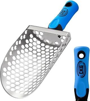 CKG Hand Sand Scoop for Metal Detecting with Ergonomic Blue Handle, Detecting Shovel for Beach Sand Sifter, Heavy Duty Stainless Steel, Perfect from Metal Detector Accessories