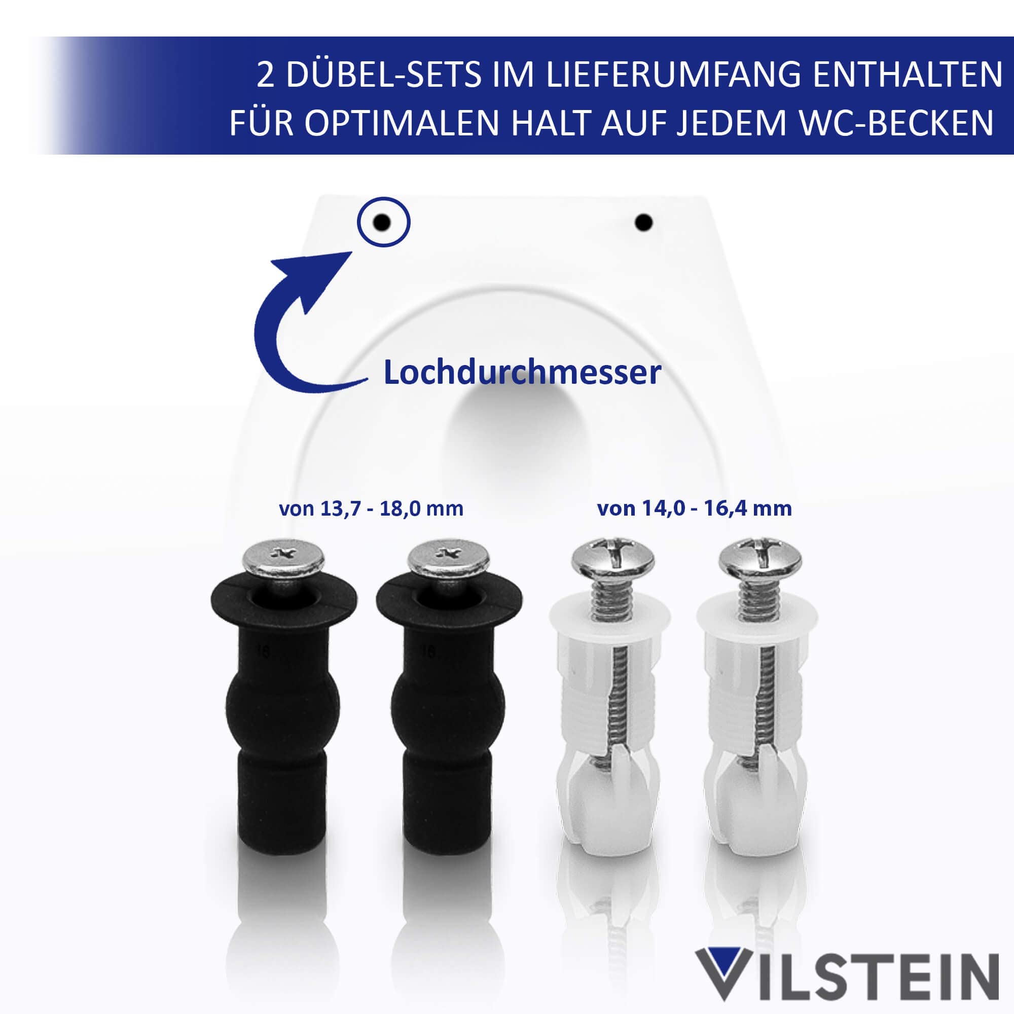 VILSTEIN Toilettendeckel mit Absenkautomatik, Edelstahl Befestigung | Abnehmbar, Softclose, Toilettensitz Klodeckel Klobrille WC Sitz in Weiß
