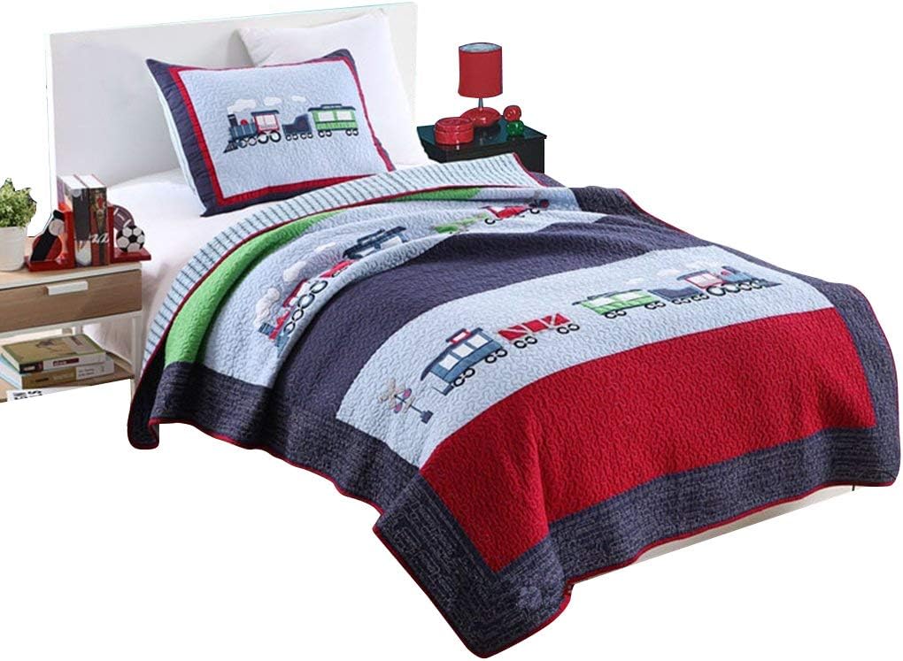 Kids Quilt Train Pattern Boys Comforter Set Twin Size 2 Pieces, 100% Comfy Cotton,Toddler Children Bedspread Bedding Sets for Boys