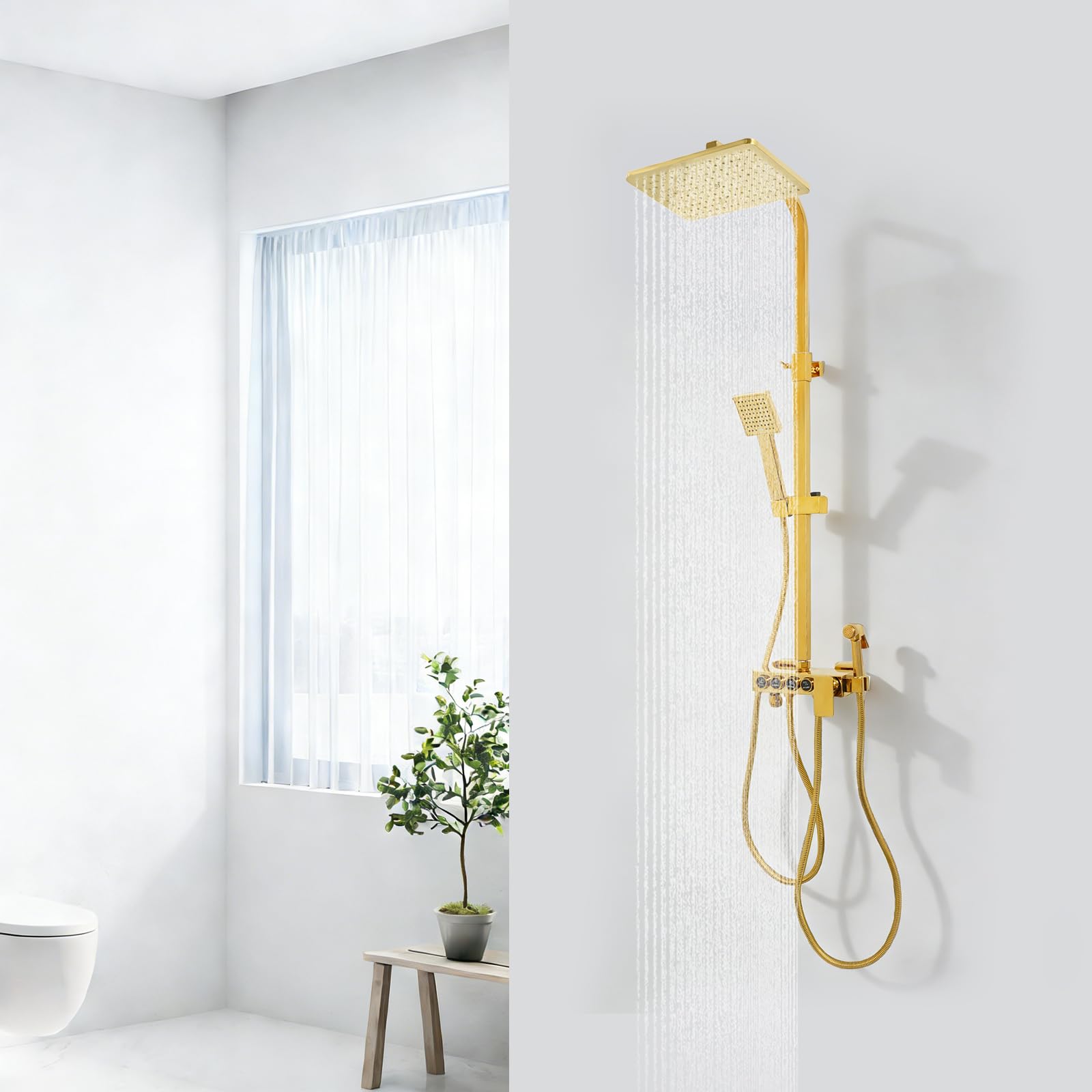 Ducha completa, sistema de ducha, juego de ducha premium en oro, cabezal 4 en 1 (ducha de lluvia, alcachofa de mano, pistola pulverizadora, grifo), giratorio 360°, ABS+latón+cerámica, inoxidable y