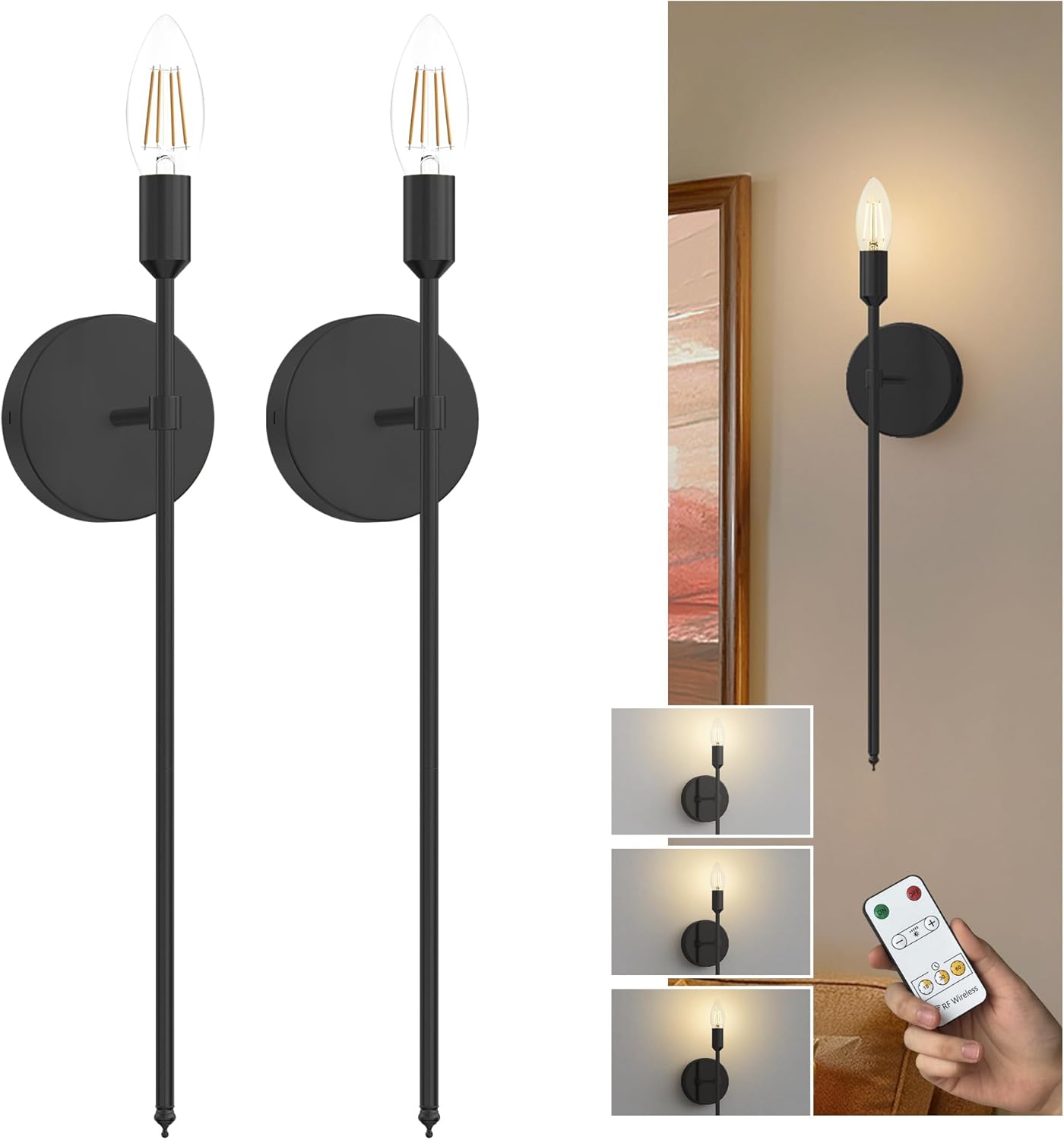 L LOHAS LED Battery Operated Wall Sconce Set of 2, Wireless Remote Control Dimmable LED Light, Vintage Indoor Sconces for Bedroom, Hallway, No Wiring Needed, Black