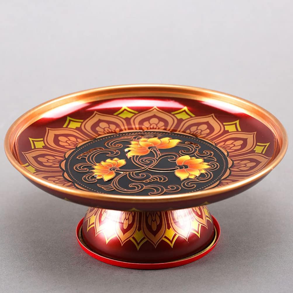 Zerodeko Buddhist Offering Plate Tinplate Buddhist Fruit Blessing Lotus Flower Pattern Appetizer for Fruit Dessert Nut Snack Feng Shui Table Decoration 8 Inch