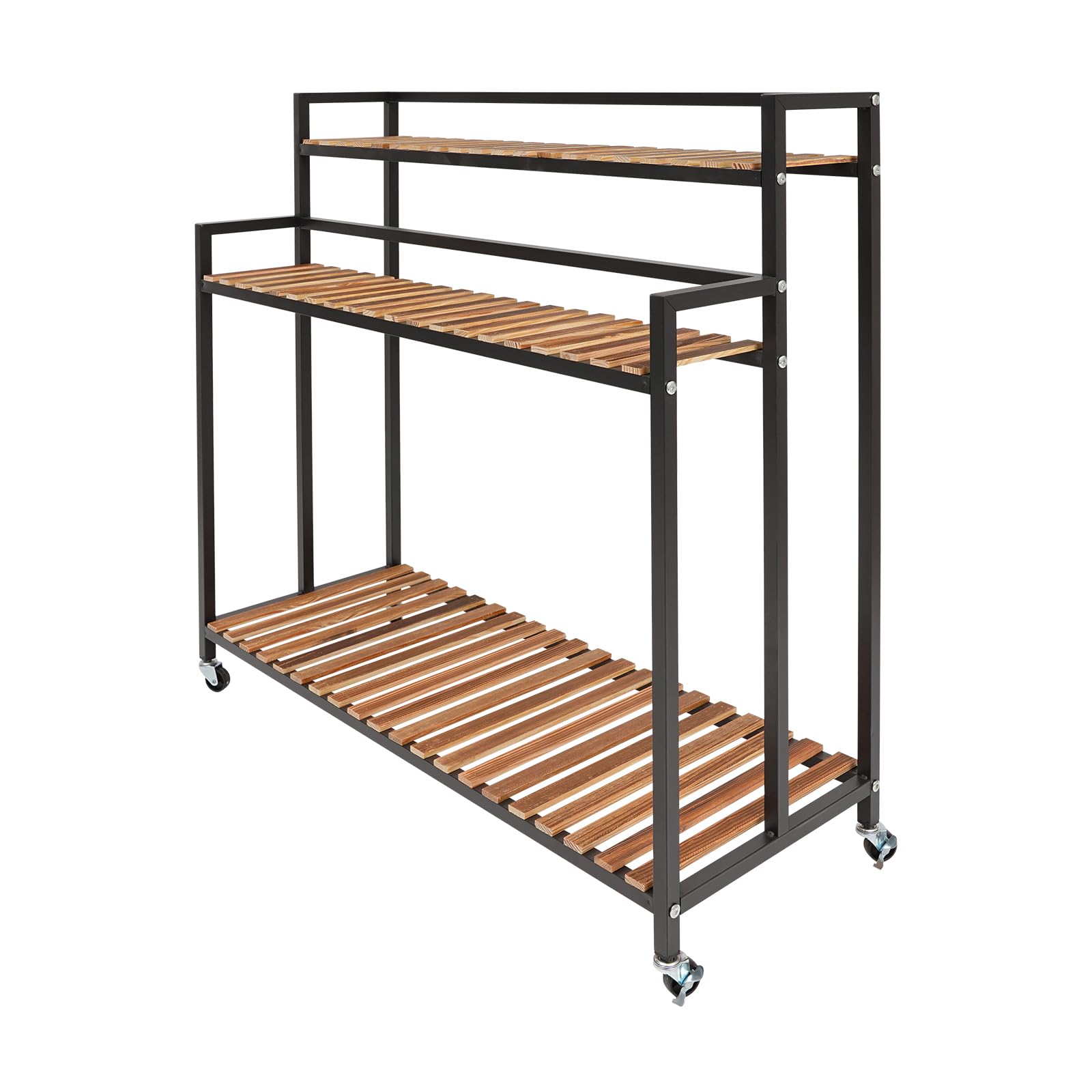 3-Etagen Pflanzenregal Bewegliches Pflanzentreppe Pflanzenständer mit 4 Rollen 100x40x102cm, Stabiles Metall Blumenständer für Balkon Garten Wohnzimmer (Schwarz)