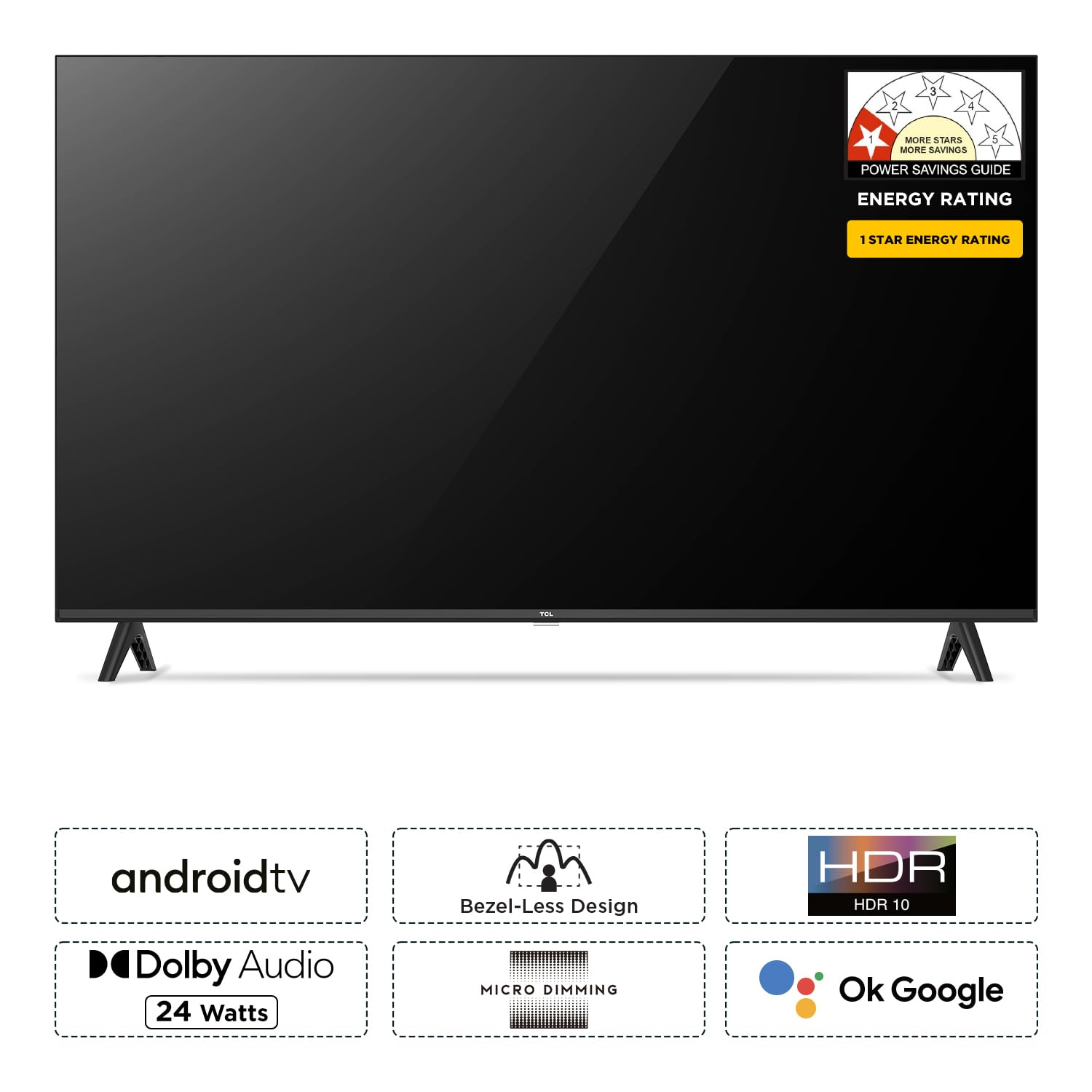 Icons representing key features: Android TV, Bezel-Less Design, HDR 10, Dolby Audio 24 Watts, Micro Dimming, and Ok Google