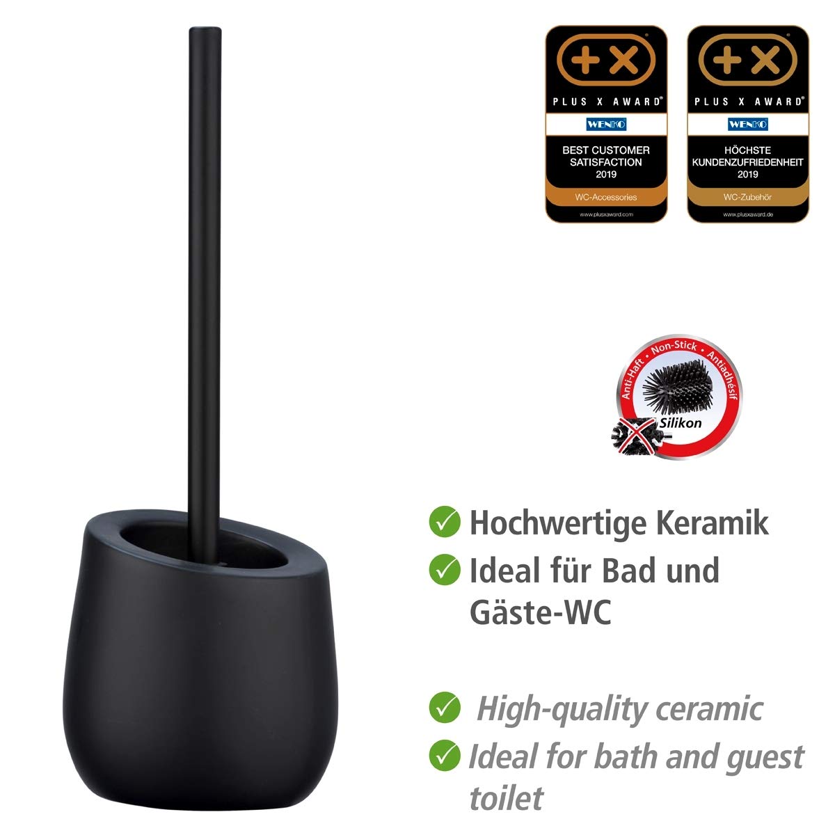 WENKO Treteimer Davos, 5 Liter, puristischer Kosmetikeimer mit Easy-Close Absenkautomatik, 23,5 x 26 x 27,5 cm, Schwarz matt & WC-Garnitur Badi Schwarz, hochwertige Keramik mit Matter Oberfläche