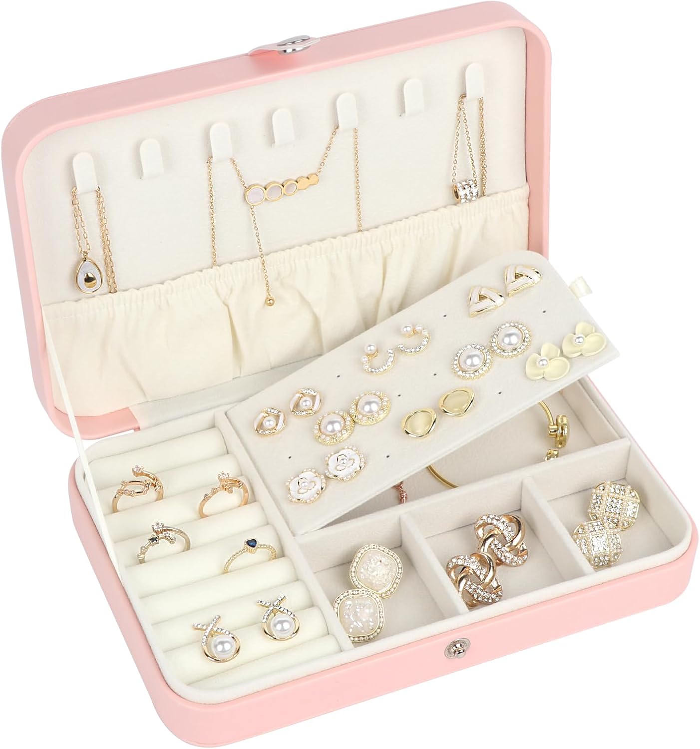 Hatori Travel Jewelry Case for Women, Portable PU Leather Travel Jewelry Organizer Box for Necklace Earrings Ring Bracelet, Small Jewelry Box Gifts for Teen, Girls, Moms and Daughters