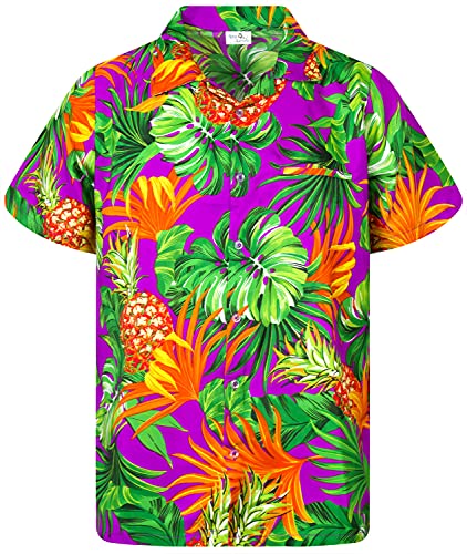 King Kameha Camisa hawaiana de manga corta para hombre, llamativa y casual, con botones, estampado de hojas y piñas, unisex, Piña Hojas Púrpura, XX-Large