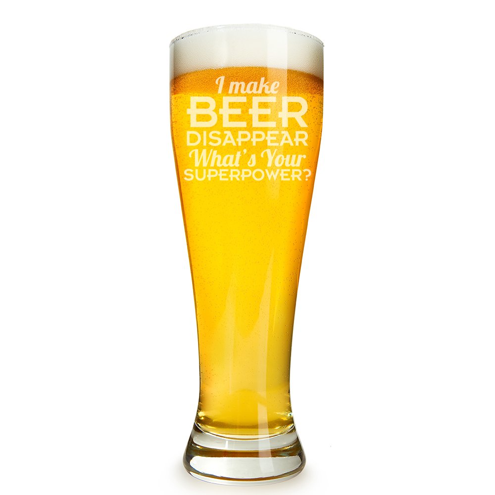 I Make Beer Disappear - What's Your Superpower? Engraved 16 ounce Beer Glass Pilsner