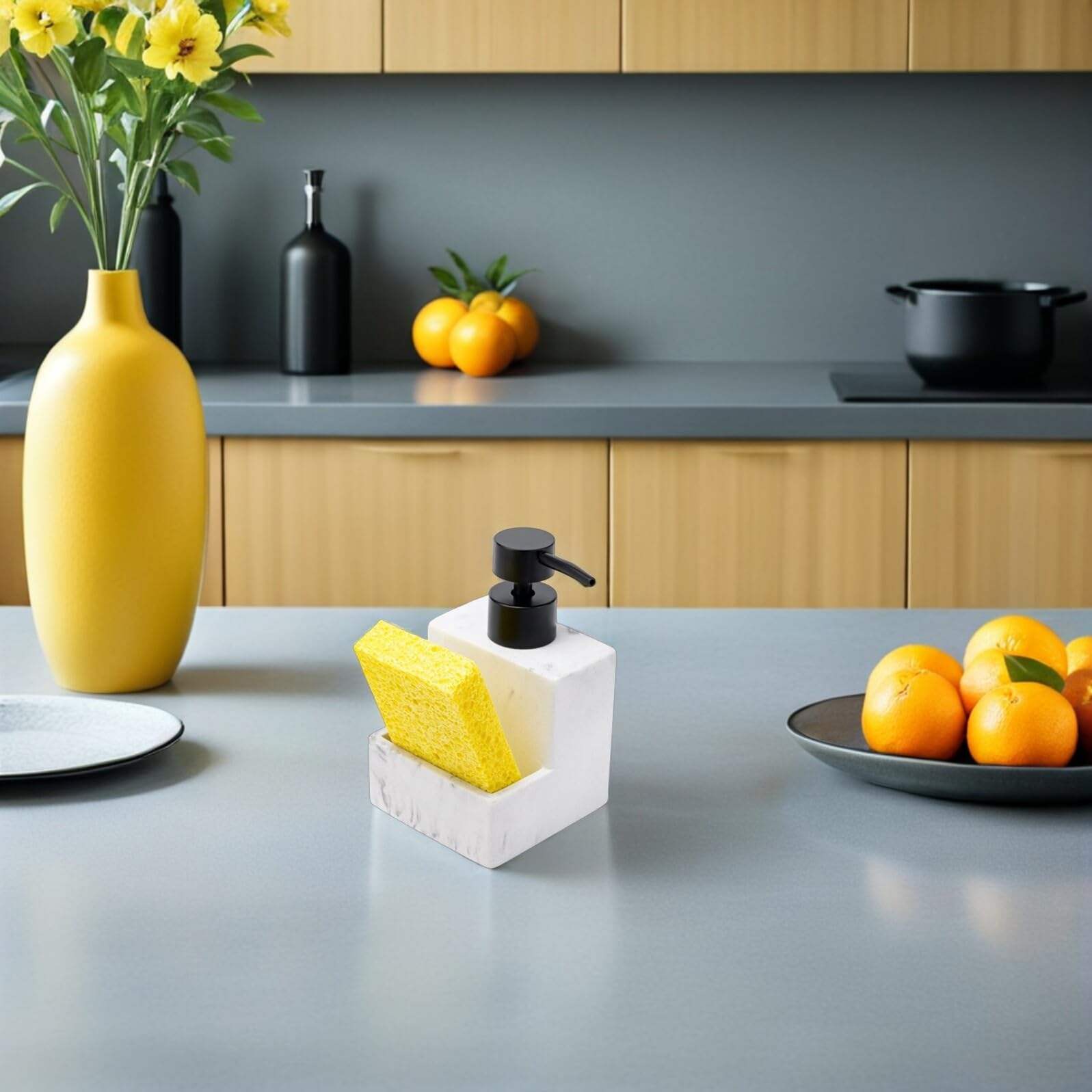 DOITOOL Dispenser di Detersivo per Piatti e Porta Spugna in Resina Effetto Marmo, Set Multifunzionale per Cucina e Bagno, Contenitore Organizzatore per Lavello da Banco, Erogazione