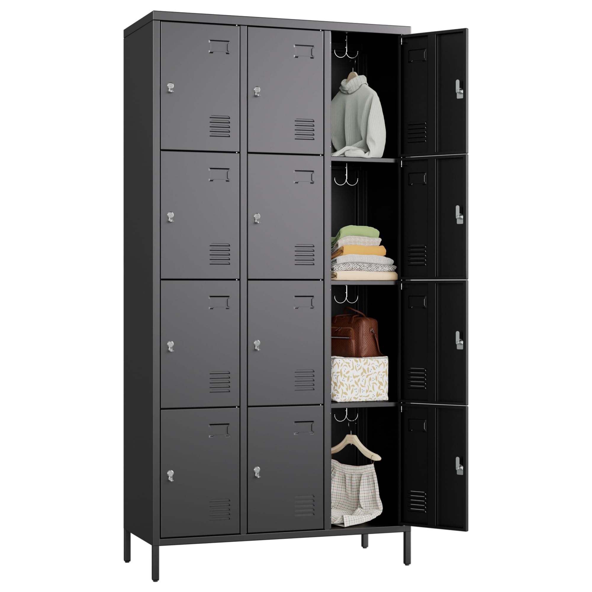 Metal Lockers for Employees with 12 Doors and 12 Hooks, 72”H Storage Locker with Card Slot for Office Gym School Bedroom, Black, Assembly Required