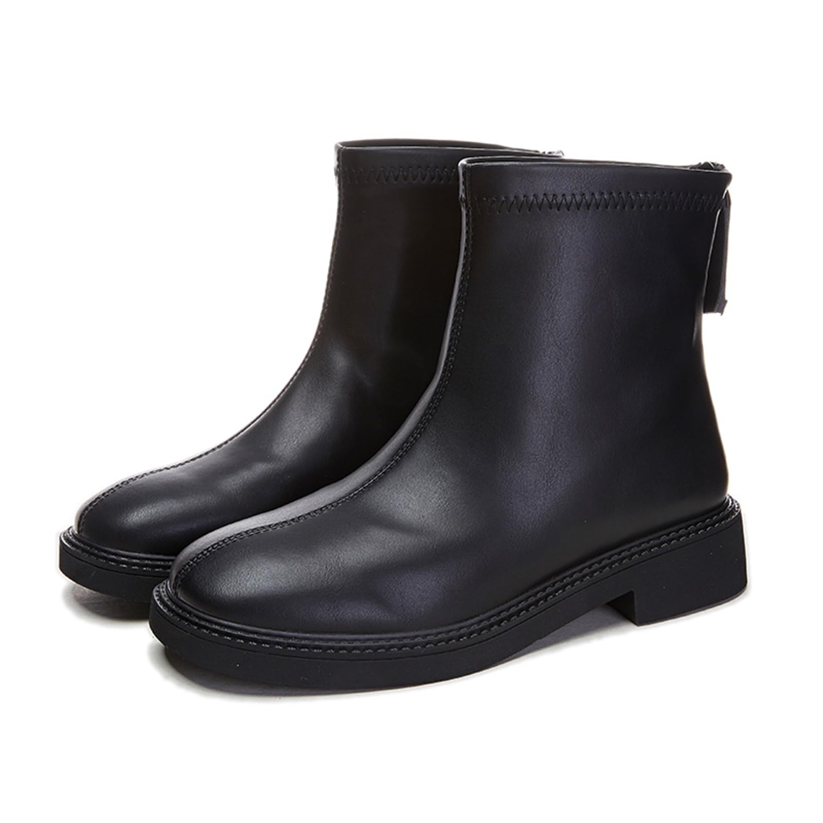 Womens Leather Upper Chunky Heel Ankle Boots With Zipper Closure Round Toe Fashionable Thick Sole High Top Ankle