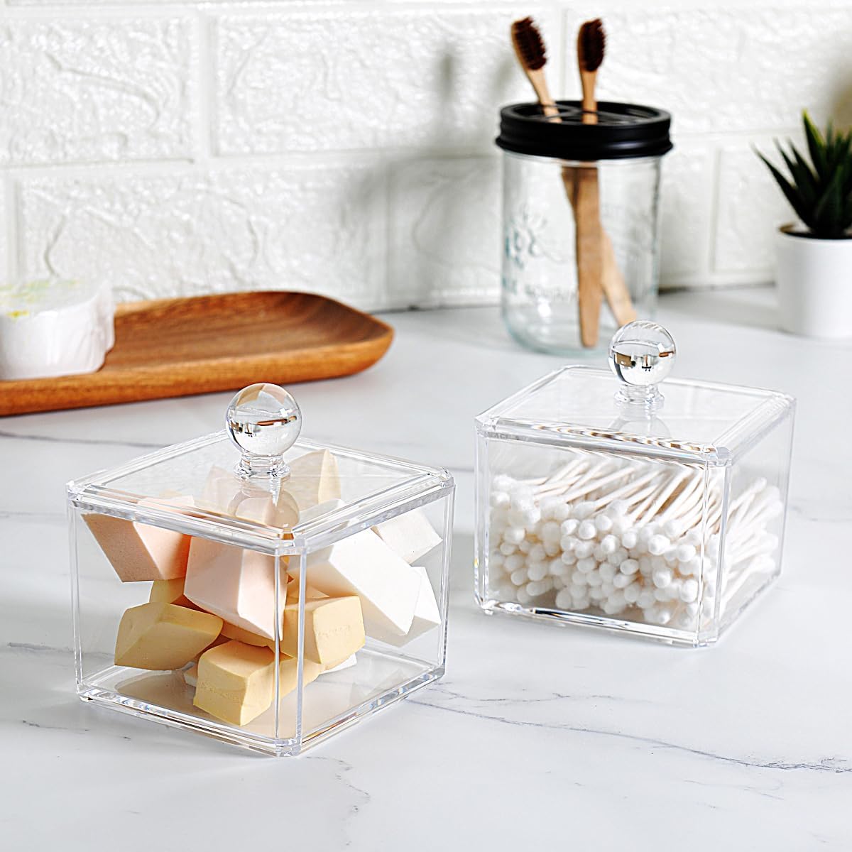 SheeChung Square Acrylic Qtip Holder, 2 Pack Bathroom Canisters with Lids