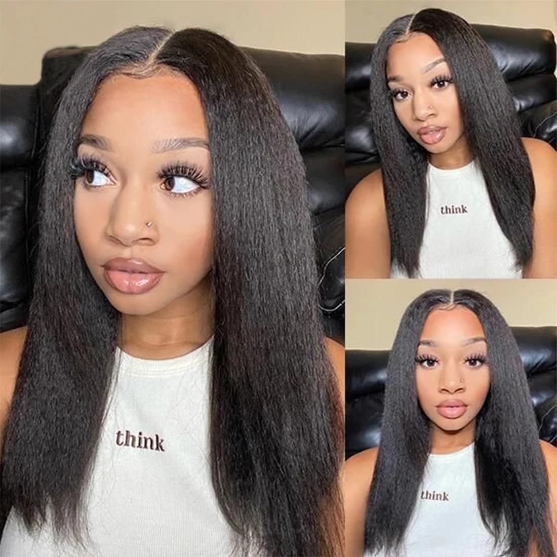 Kinky Straight U Part Wig Natural Hailine & Soft Hair Like Real Human Hair ¾ V Part Half Wigs for Black Women (New Black, 18 Inch)
