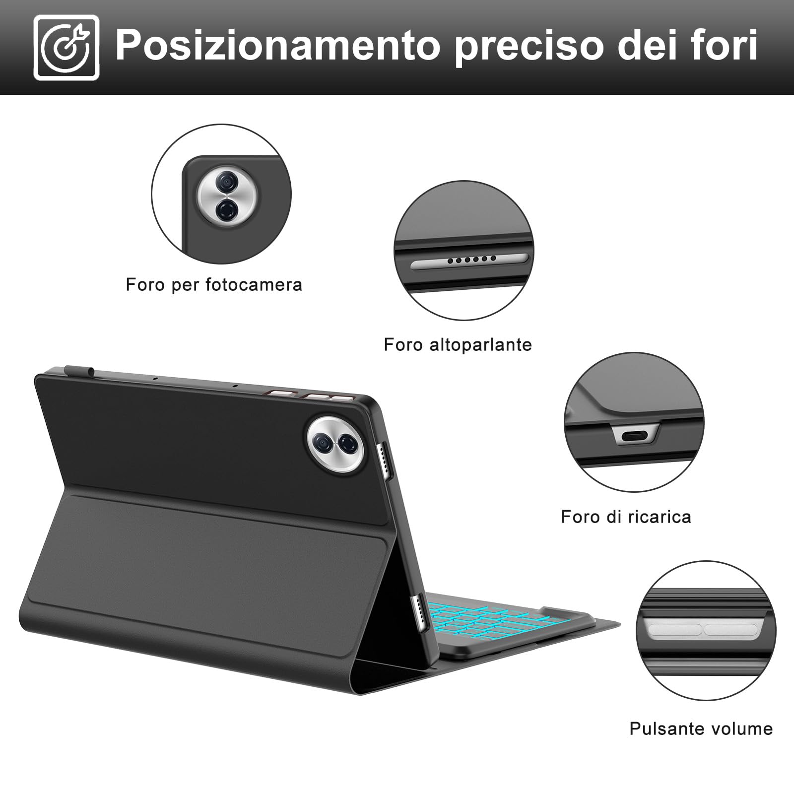 IVEOPPE Tastiera per HONOR Pad 10 12.1 Pollici 2025, Cover con Tastiera Rimovibile, Keyboard Italiano QWERTY 7 Colori Illuminato, Custodia con Portapenna, Nero