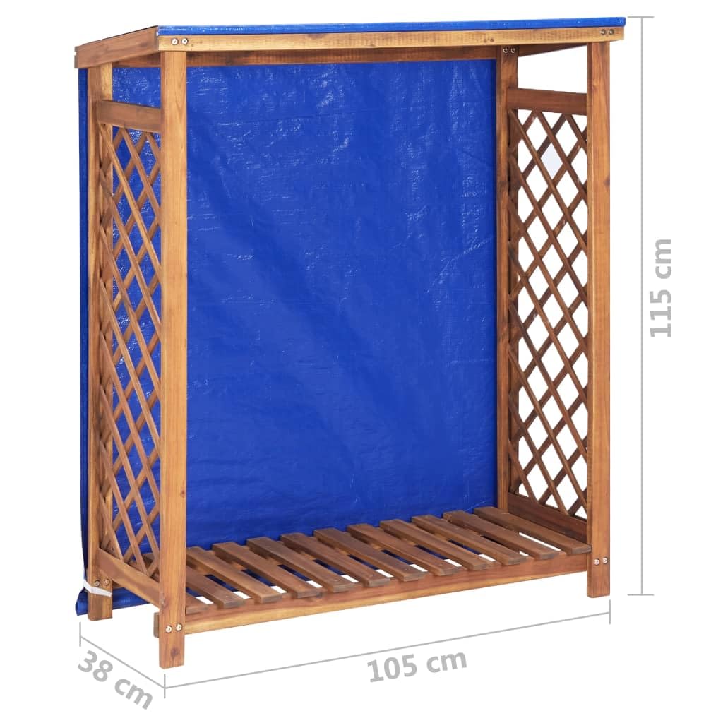 Szopa do przechowywania drewna opałowego z litego drewna akacjowego, 105 x 38 x 115 cm, trwały uchwyt na drewno z pochyłym dachem i plandeką dla wydajnego wietrzenia, brązowa