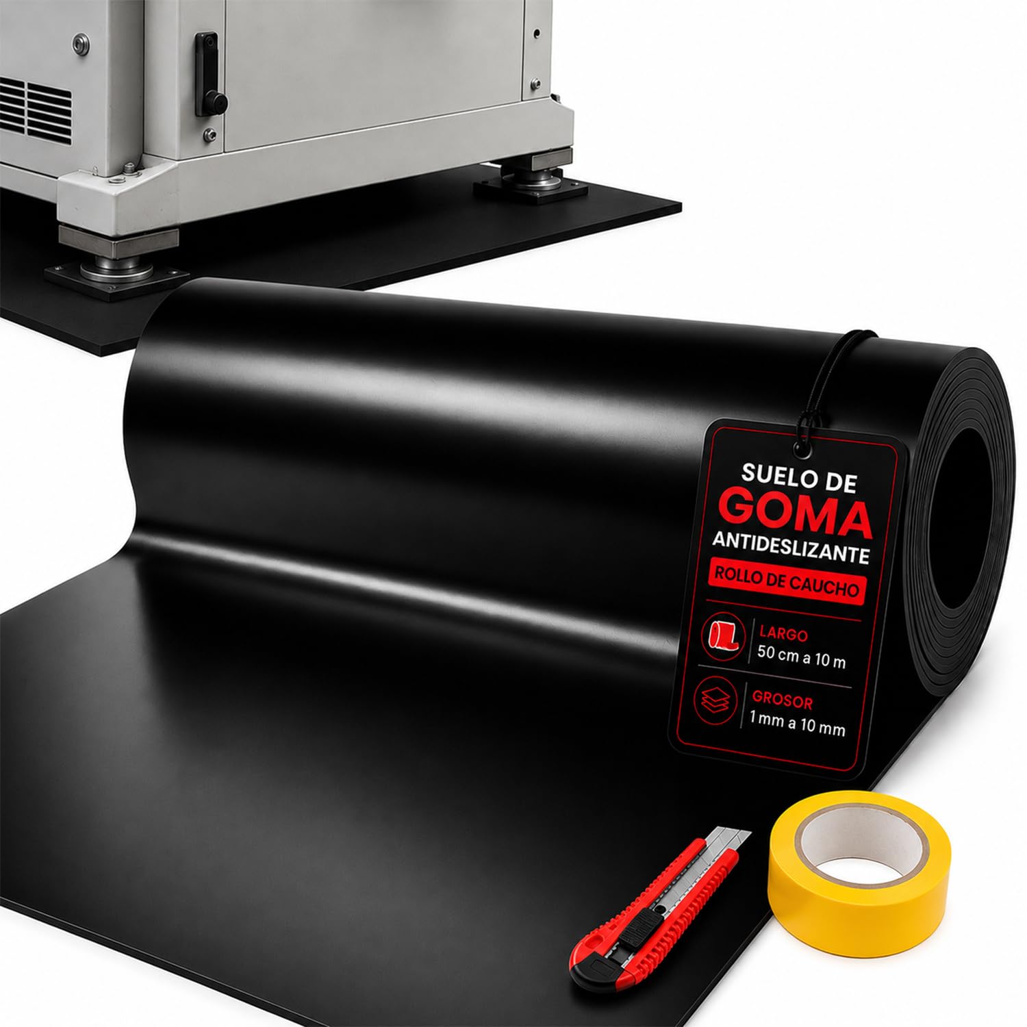 Suelo de Goma Antideslizante SBR en Rollo de Caucho, Color Negro, Liso, 140 cm Ancho x 600 cm Largo x 2 mm Grosor, Duradero, Ideal para Garaje, Taller y áreas de Trabajo Industrial + Cúter y Cinta