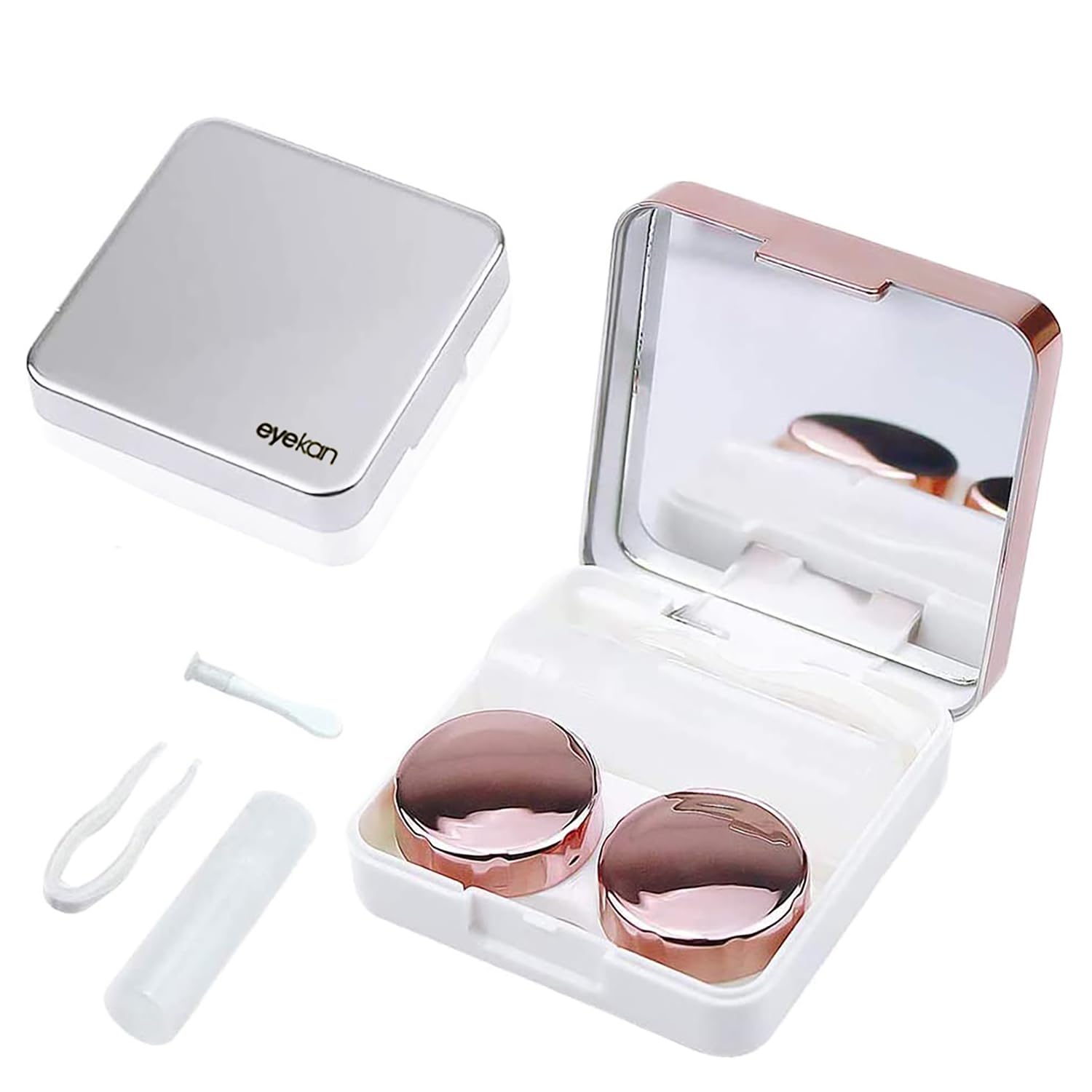 Estuche para Lentes de Contacto Color Brillante Set de Viaje con Espejo, portalentillas, Pinza, aplicador y Mini Botella portalíquido (Plateado)