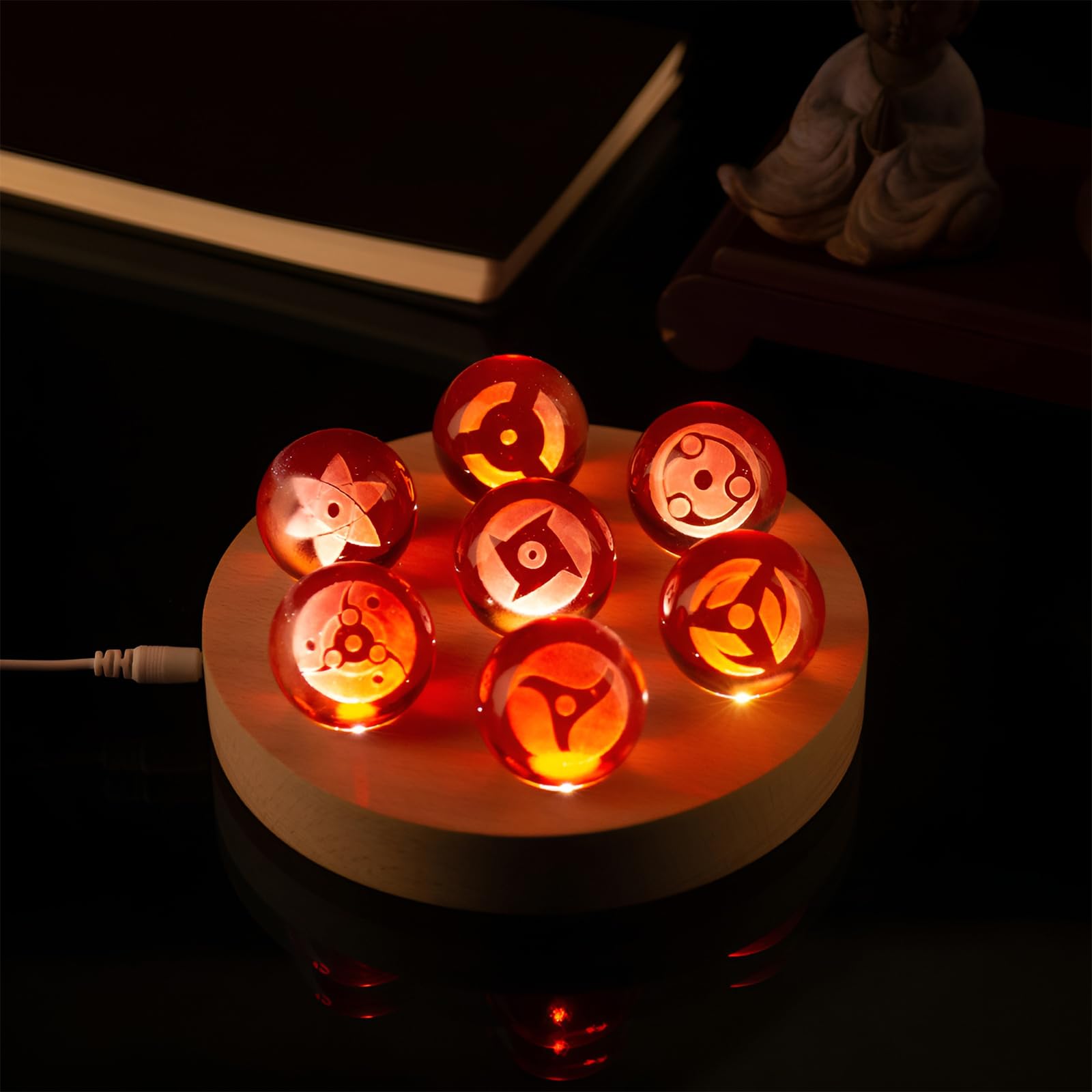 7 Stück Naruto Balls, 3D Sharingan Kristallkugel Nachtlicht, USB 40mm GlasKugel, mit Holzsockel, Naruto Shippuden LED Ball Lampe Anime-Fans Sammlerstücke Geschenk (Stil 5)