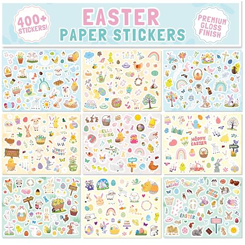 Easter Stickers - Over 400 Premium Self-Adhesive Gloss Paper Stickers for Children - Easter Bunny Egg Chick Designs - Scrapbooking Crafting Decorating Cards Gifts Party Bag Fillers for Kids