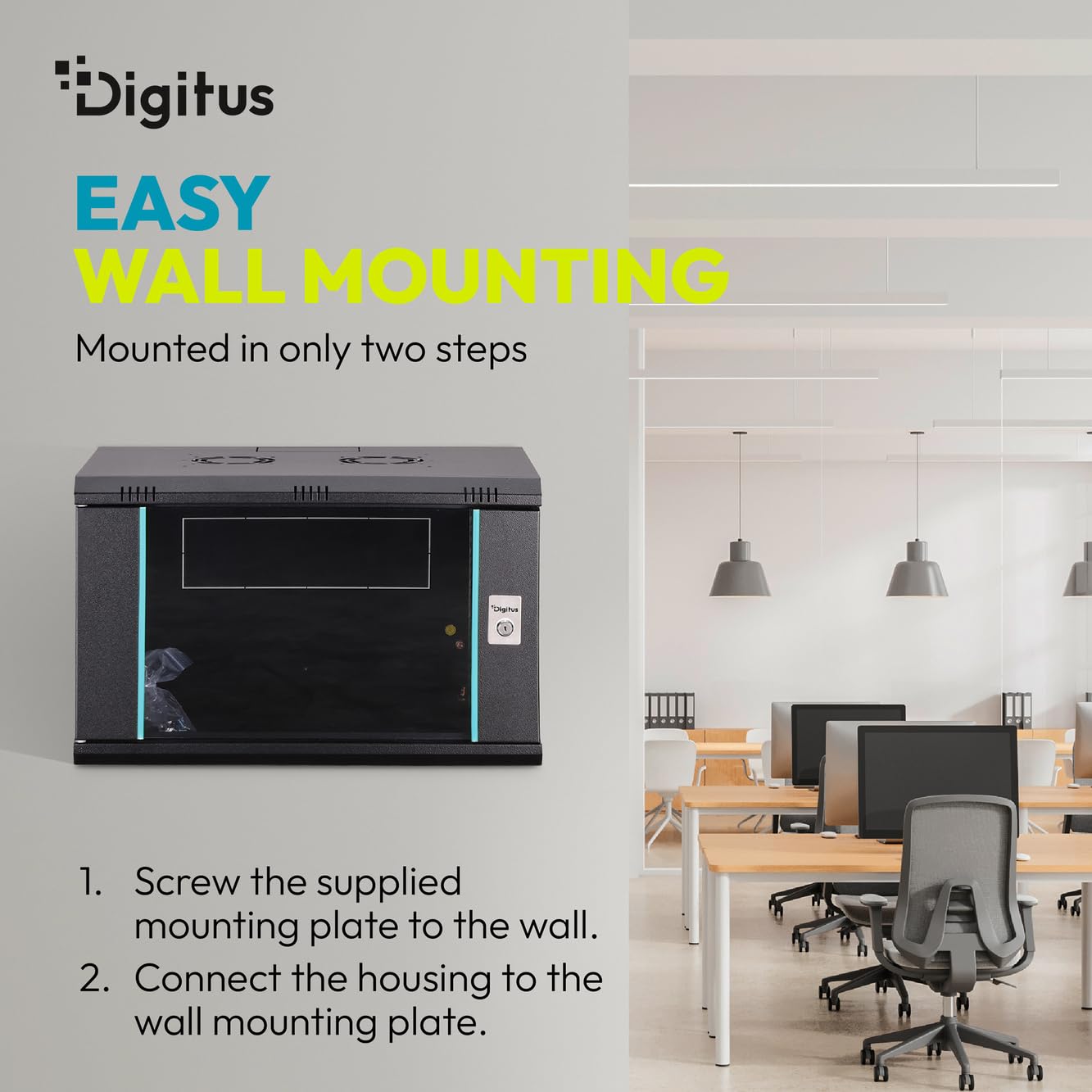 DIGITUS Armario de Red – Rack de 19" 9U – Sin Montar – Montaje en Pared – Profundidad: 450 mm – Profundidad útil: 320 mm – Capacidad de Carga: 60 kg – Puerta de Cristal – Serie Dynamic-N – Negro
