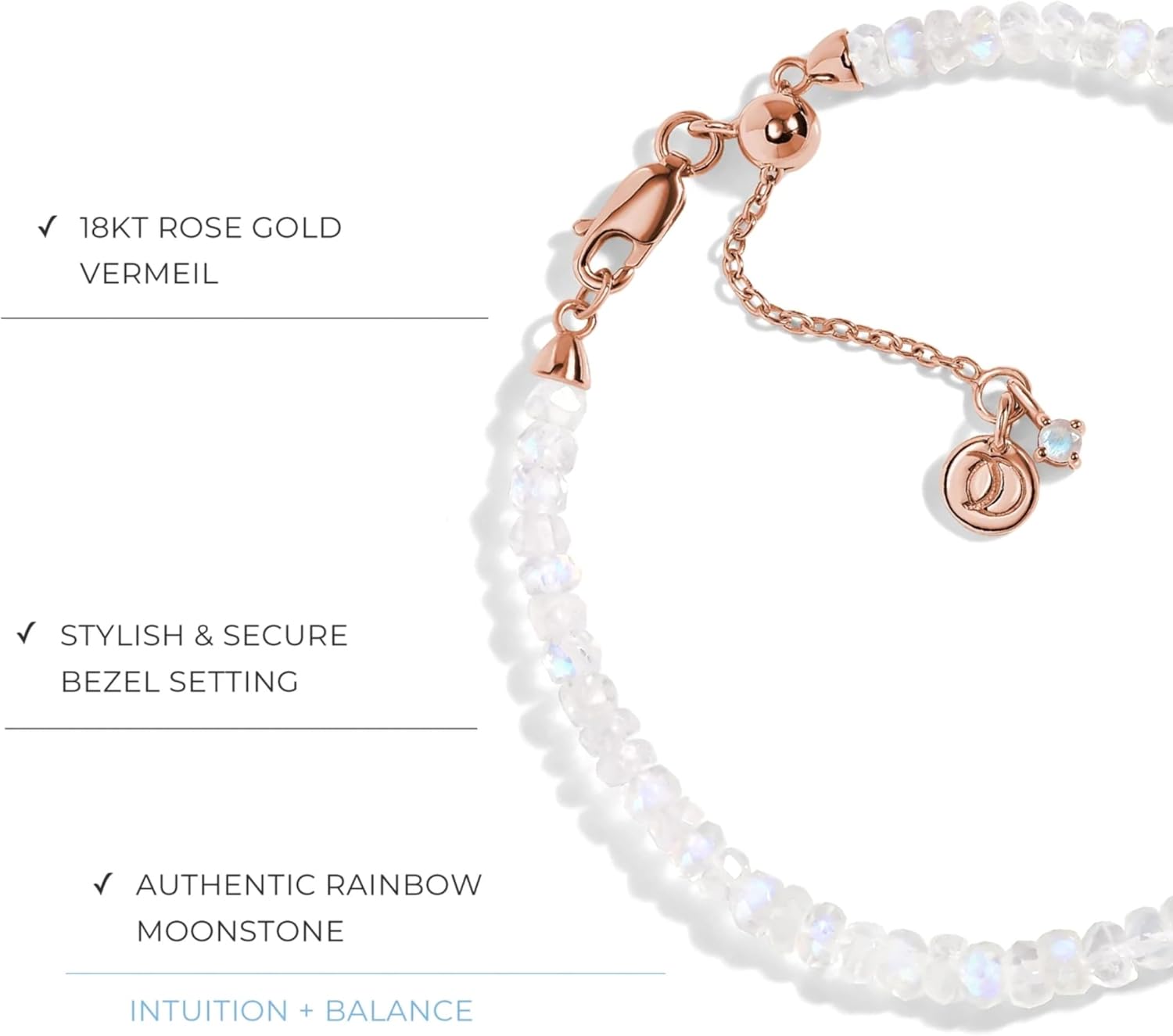 Moon Magic Moonstone Bracelet for Women | Black Obsidian, Rose Quartz Bracelet/Real 925 Sterling Silver | 18k Rose & Yellow Gold Rainbow Genuine Moonstone Jewelry for women | June Birthstone Bracelet - Image 3