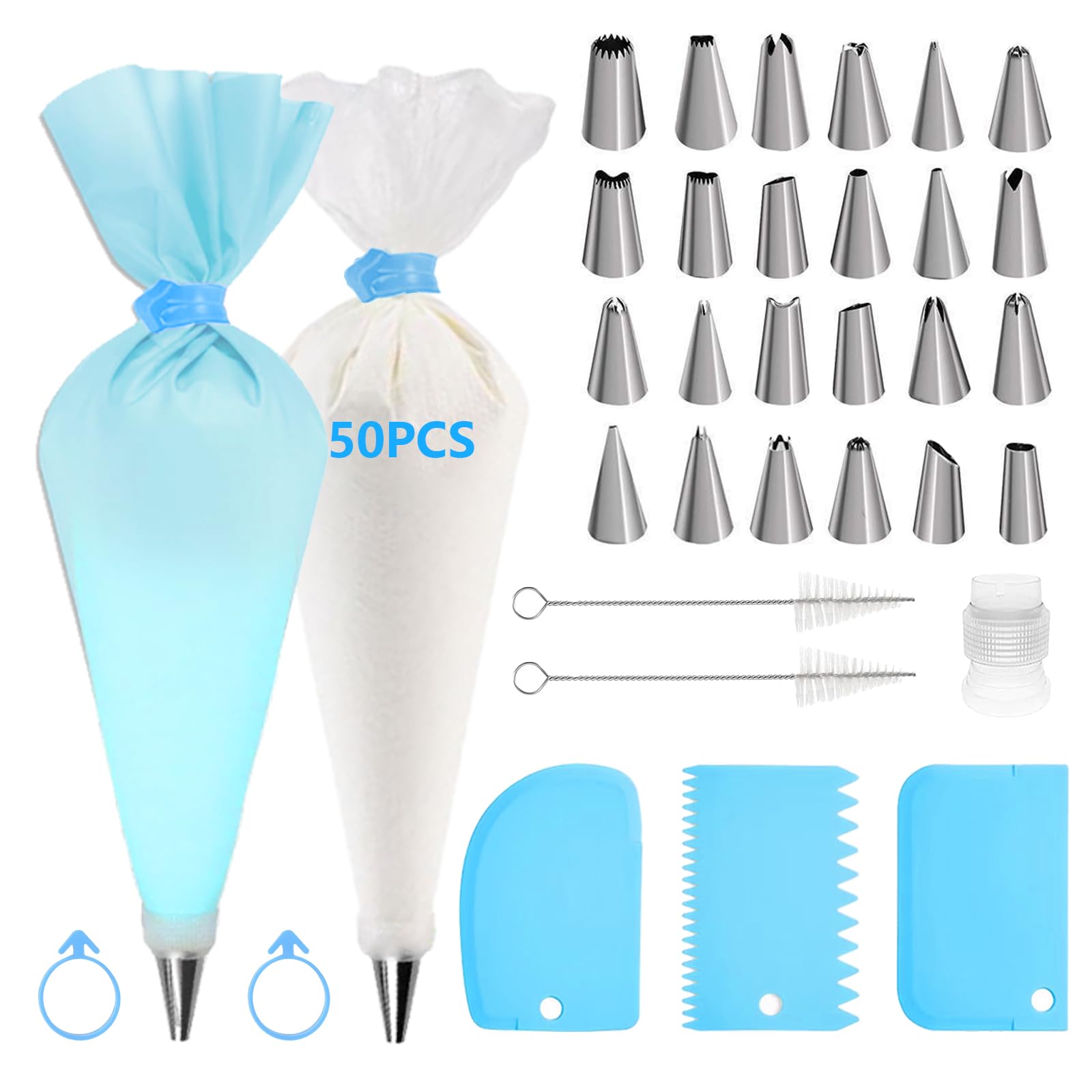 FINEASY Kit Poche à Douille Patisserie 83 Pièces - 24 Douilles Inox, 50 Poches Jetables, 1 Réutilisable