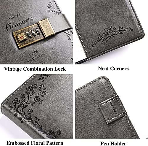 Flower Leather Journal with Lock Writing Diary Notebook Combination Password Ruled Refillable Paper 205 X 140 Mm (Grey)