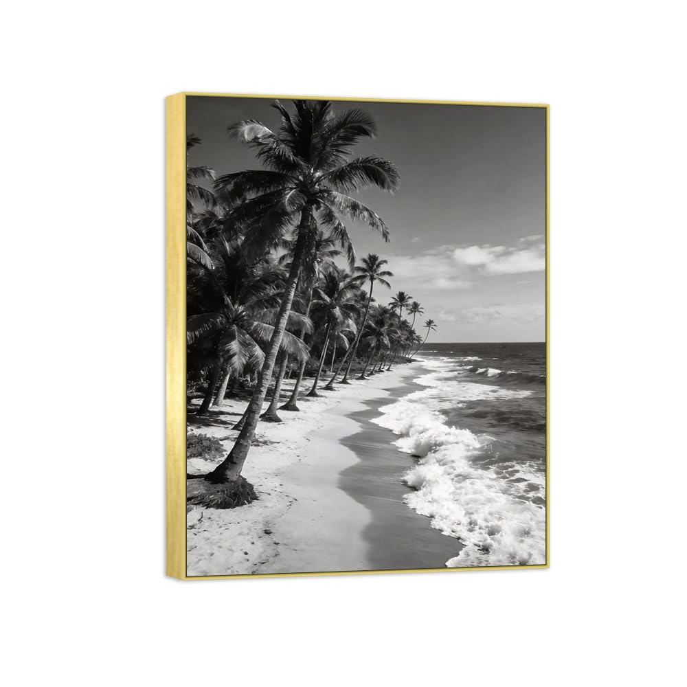 Beach Tree 2 Black White Landscape Canvas Picture 90x117cm Gold Frame