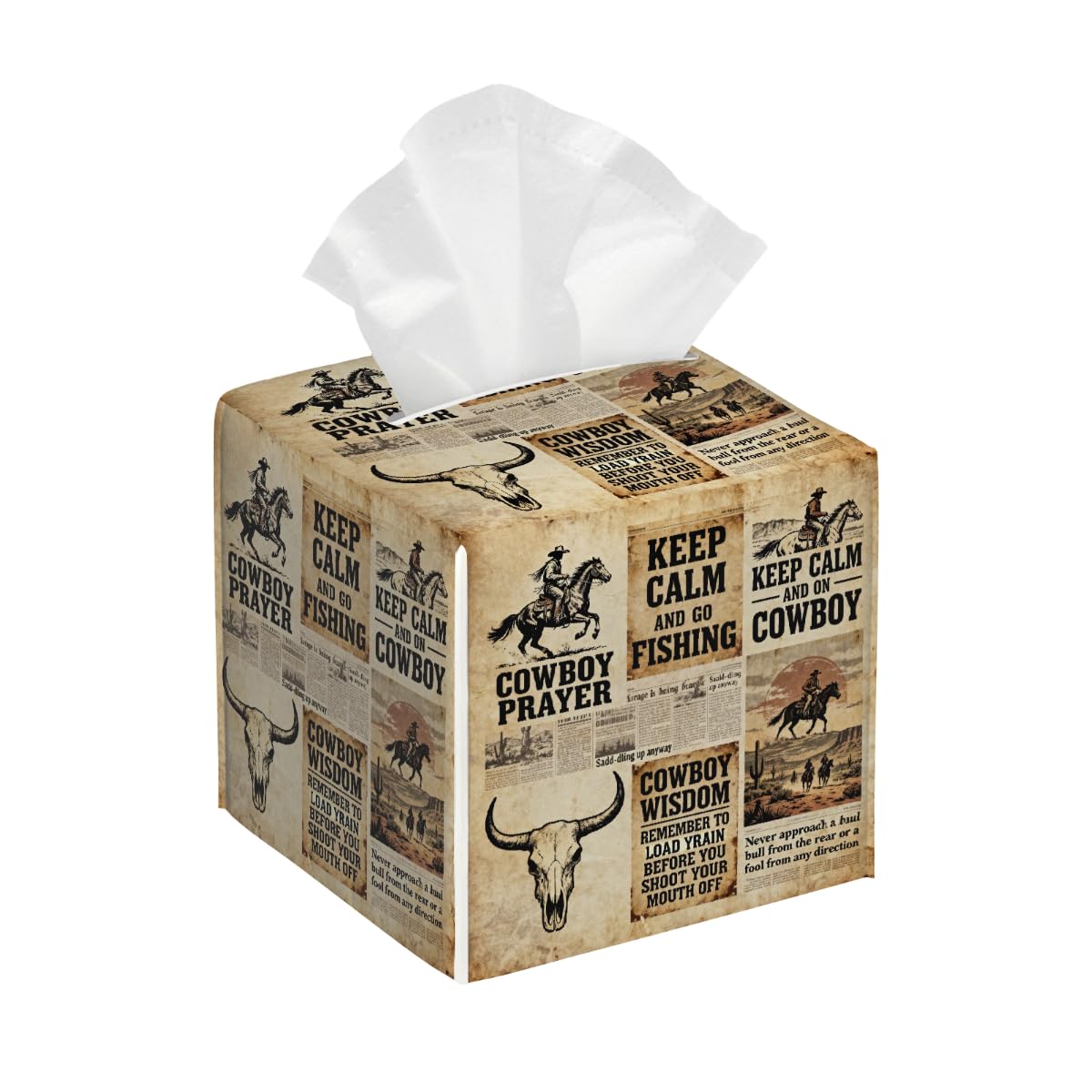 Tissue Box Cover Square Pu Leather Tissue Box Holder Waterproof Paper Organizer Dispenser for Bathroom Kitchen Bedroom Car Office Retro Cowboy Newspaper