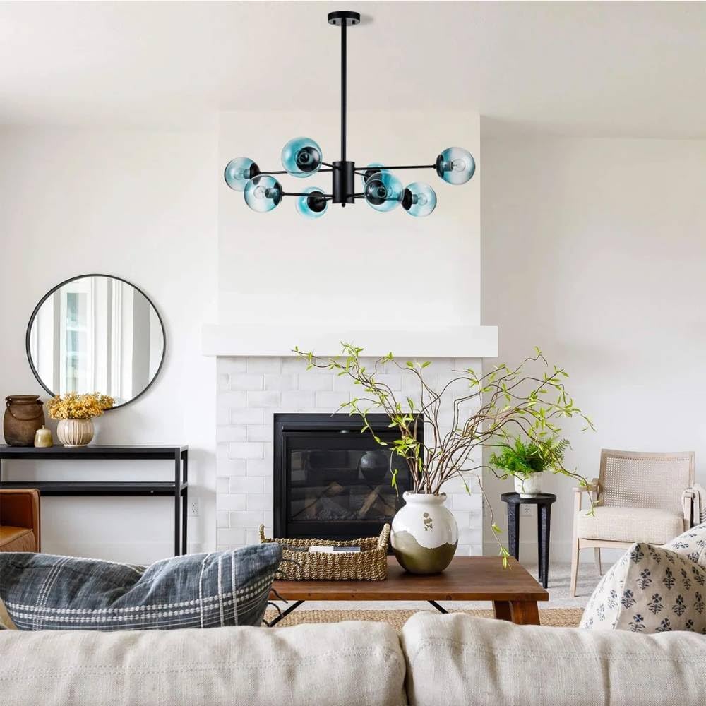 8-Light Sputnik Bubble Chandelier Light Fixture,40" Modern Semi-Flush Chandelier Light with Glass Globes, Art Deco Bubble Lighting Fixture for Living Room, Dining Room, Entryway (Blue, 8 Light P)