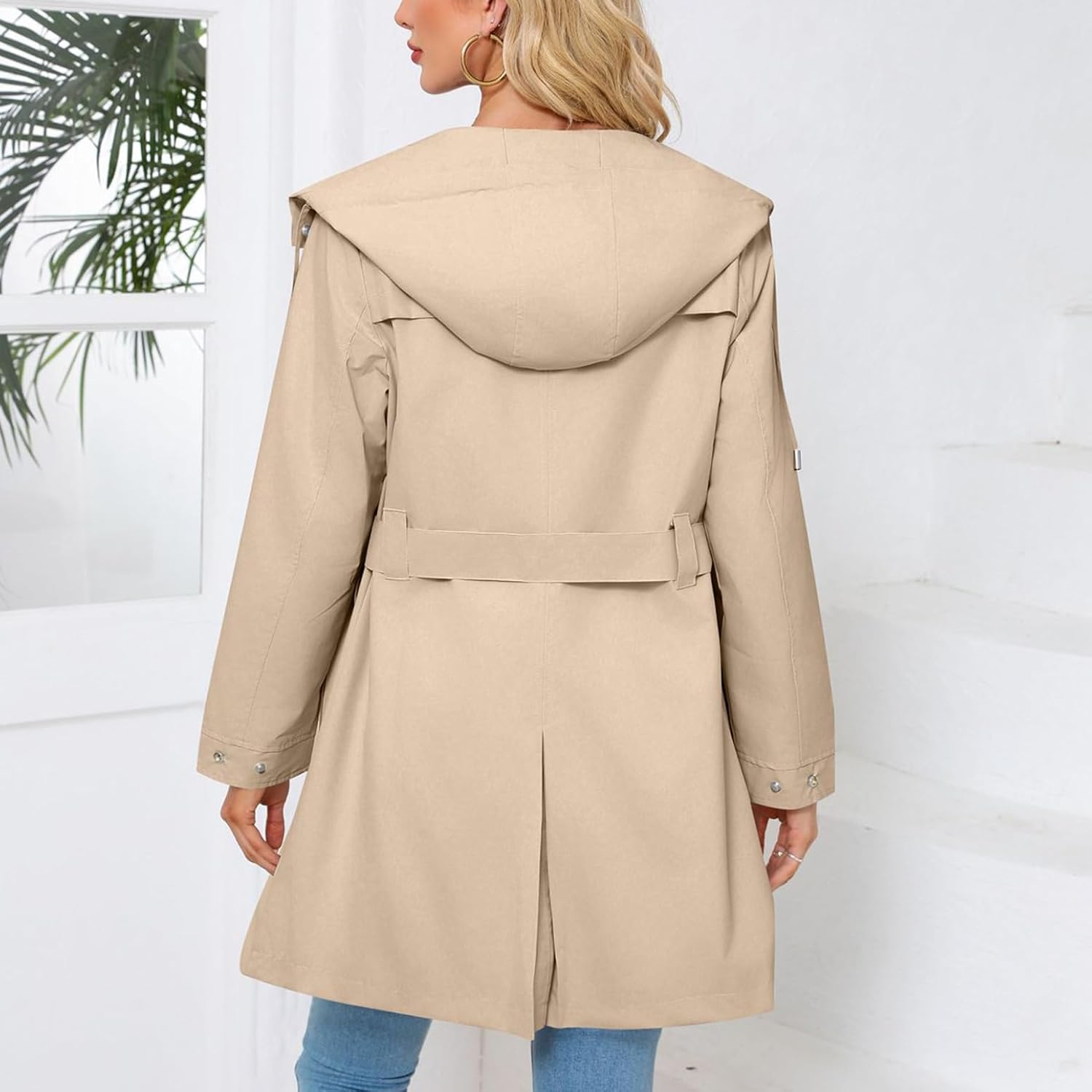 Women's Hooded Trench Coat Slim Fit Long Coats Waterproof Long Sleeve Belted Pockets Button Down Rain Jackets