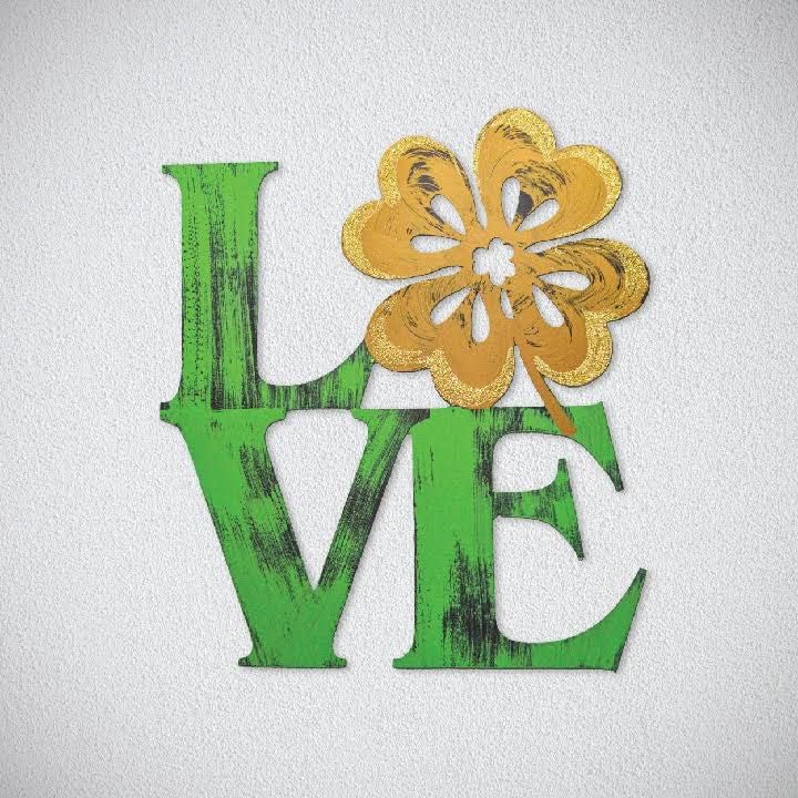 Wall Decor Stacked Love Shamrock Word Wall Art, 15.5 Inches High x 17.7 Inches Wide, Hand Painted 3D Wall Decorations (Green and Gold)