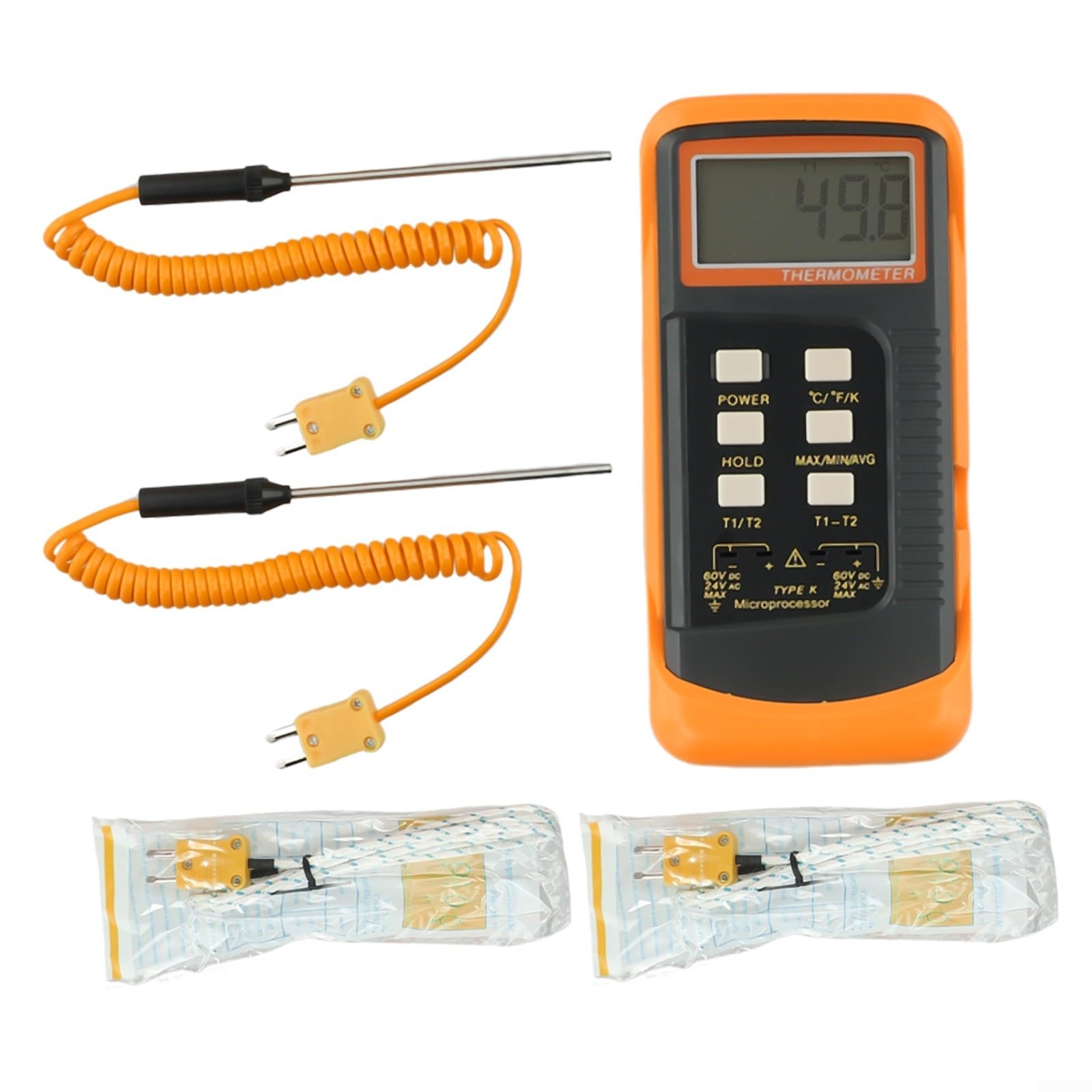 Termometro digitale a doppio canale K 6802 II con 4 sonde per misurazione della temperatura BGA HVAC da -50 °C a 1300 °C, doppio ingresso T1/T2, monitoraggio con display LCD e conservazione