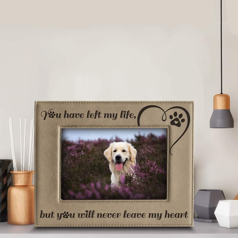 BELLA BUSTA-You have left my life, but you will never leave my heart-memorial gifts for loss of dog or cat-Engraved Leather Picture Frame (5 x 7 Horizontal)